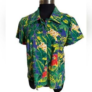 Retro Vintage Clere Hawaiian Top. Colorful tropical with Parrots.